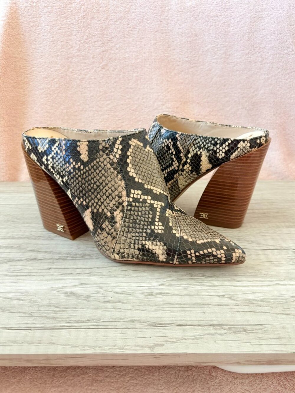 Sam Edelman Reverie Desert Snake Leather Pointed 4" Stacked Block Heel Mule 7.5